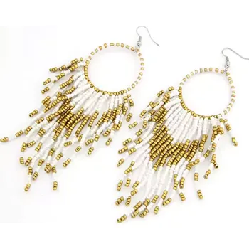 Náušnice B-TOP Kruhové náušnice s dlouhými perličkovými střapci - zlatá/ bílá