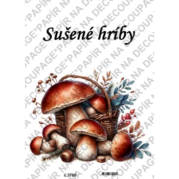 Umělecký papír Rýžový a soft papír na decoupage - Sušené hriby - slovenský nápis - KB03700 Materiál: Soft, Rozměr: A4