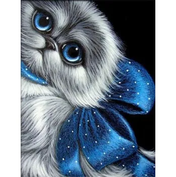 Diamantové malování HOMFUN Diamond painting/HOMFUN - Kočka s modrou stuhou