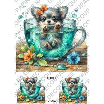 Umělecký papír Rýžový a soft papír na decoupage - Pejsek v hrnku - KB03716 Materiál: Soft, Rozměr: A4