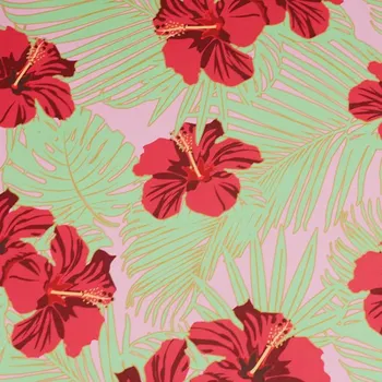 Šifon růžový, světle zelené listy, červené ibiškové květy, š.145