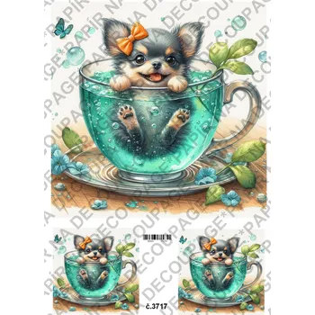 Umělecký papír Rýžový a soft papír na decoupage - Pejsek v hrnku - KB03717 Materiál: Soft, Rozměr: A4