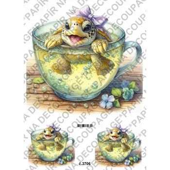 Umělecký papír Rýžový a soft papír na decoupage - Želvička v hrnku - KB03706 Materiál: Soft, Rozměr: A4