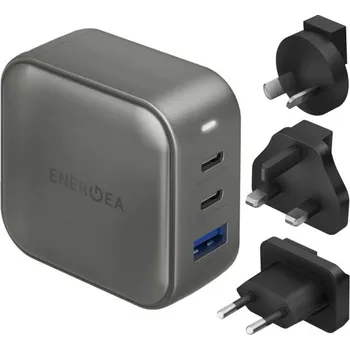 ENERGEA TravelWorld GaN66 univerzální cestovní adaptér s porty 2x USB-C / USB-A a zástrčkami - 66W - šedý