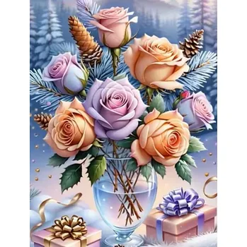 Diamantové malování Diamantové malování/Homfun -Zimní růžičky s dárečky + perleťové kamínky NOVINKA