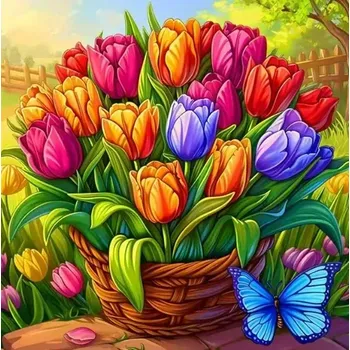 Diamantové malování Diamantové malování/Homfun - Barevné malované tulipány v košíku + třpytivé kamínky (30x30)