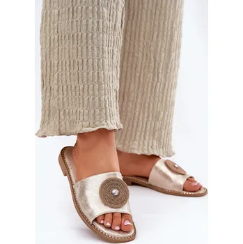 Dámské pantofle Dámské Pantofle Na Plochém Podpatku S Ozdobou S.Barski KV51-013 Barva: Zlatá, Velikost: 40