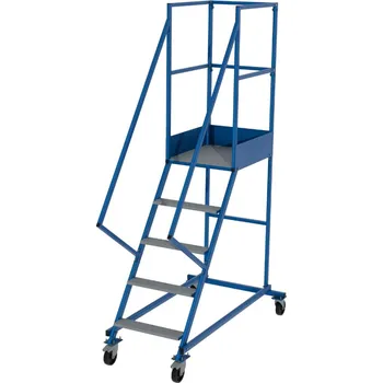 Žebřík Lehký pojízdný žebřík s plošinou, výška plošiny 1,25 m, 4 stupně + plošina.