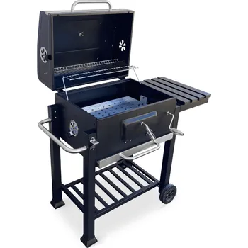 Zahradní gril Kovový BBQ gril s regulací výšky topeniště, 2 odkládacími policemi a madlem pro snadné přesunutí