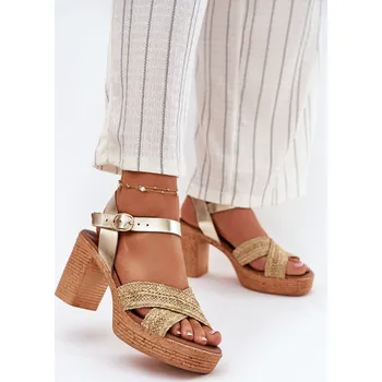 Dámské sandále Kožené Sandály Na Podpatku S Pletením Na Páscích Zazoo 40460 Barva: Zlatá, Velikost: 40