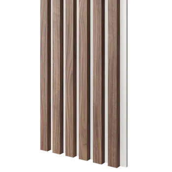 Obklad Lamele 3D Dřevěné lamely ÚZKÉ na BÍLÉ desce (MDF), OŘECH DÝHA, 24 x 300 x 2750 mm (0,825 m2)