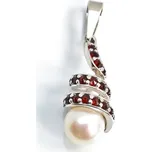 Stříbrný přívěsek s českým granátem a perlou Stefany - Bílá, Rhodiování