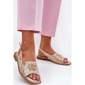 Dámské sandále Kožené Sandály S Dekorací Na Plochém Podpatku S.Barski KV51-096 Barva: Zlatá, Velikost: 39