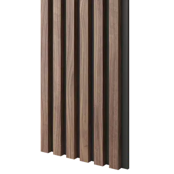 Obklad Lamele 3D Dřevěné lamely ÚZKÉ na ČERNÉ desce (MDF), OŘECH DÝHA, 24 x 300 x 2750 mm (0,825 m2)