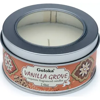 Svíčka Goloka svíčka v plechové krabičce - Vanilkový háj (Zabalená v dárkové krabičce)