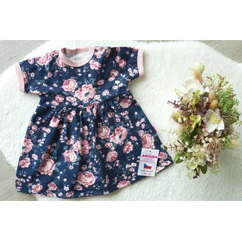 Dívčí šaty AMÁLKA Bavlněné šaty tmavě modré krátký rukáv, pudrové květy Velikost: 86