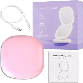 Kosmetické zrcátko Zvětšovací kapesní led zrcátko na cesty | kosmetické potřeby - Růžový