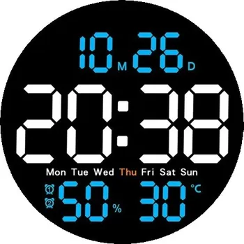 Hodiny LED nástěnné hodiny 25,5 cm Teplota Vlhkost Týden a datum Zrcadlový displej Dálkové ovládání Časovač Automatické stmívání modrá