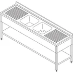 Maxima Stůl na mytí nádobí - 2 dřezy - se zadní stěnou a policí - 210 x 70 cm