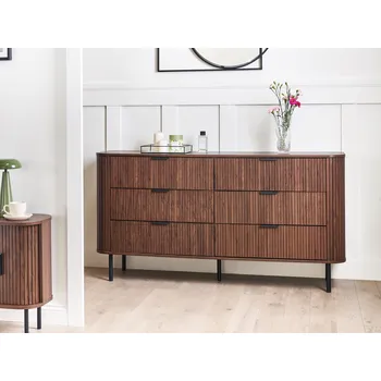 Komoda Komoda tmavé dřevo černé nohy MDF kov retro 6 zásuvek obývací pokoj ložnice Beliani