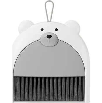 Skládací sada košťátko a lopatka s motivem medvídka 16 x 16 cm Malý smetáček na drobky Praktické úklidové náčiní do domácnosti šedá