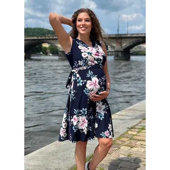 Těhotenské šaty Mama L'amour Letní těhotenské a kojící šaty s uvazováním 3v1 Corry tmavě modré květinové Velikost: L
