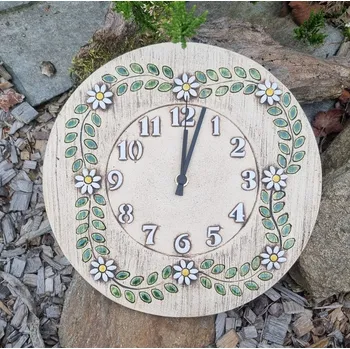 Hodiny Keramické hodiny se sedmikráskami a zelenými lístky (kulaté) 30 cm
