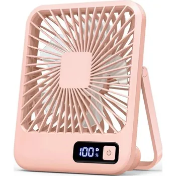 Domácí ventilátor Přenosný skládací USB ventilátor 16,5×13,5 cm Sklopný stolní ventilátor s displejem a 5 rychlostmi Ultra tichý osobní větrák ABS 180° náklon růžová