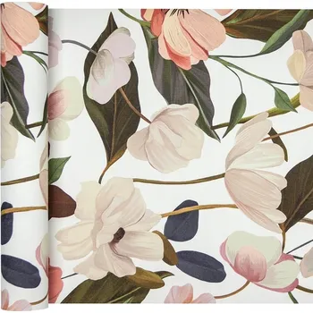 Tapeta Vinylová tapeta na zeď s barevnými velkými květy, listy a poupaty - vzhled látky