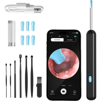 Čistič uší Sada na čištění uší s kamerou HD WiFi Otoskop Různé silikonové nástavce LED světlo 6osý gyroskop Mobilní aplikace Hygienická péče černá