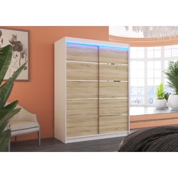 Šatní skříň ADRK Šatní skříň posuvná s LED osvětlením LUFT W-S 150 L, dub sonoma/bílá