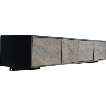 Televizní stolek Luxusní moderní nástěnný TV stolek Elentia v černé barvě se čtyřmi dvířky s šedým reliéfem z přírodního kamene 200 cm