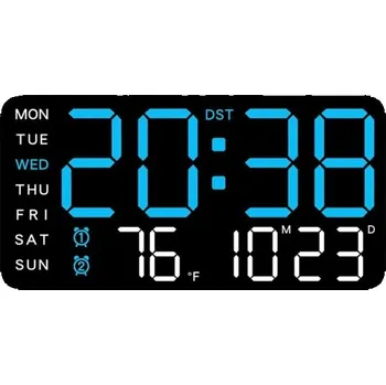 Hodiny Digitální budík na stůl i na zeď Hlasové probouzení Teploměr Datum Den v týdnu Dvě alarmy USB napájení 21,5 x 11 x 3 cm modrá