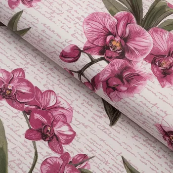 Bavlněná látka/plátno Sandra SA-635 Růžovofialové orchideje na bílém - šířka 160 cm