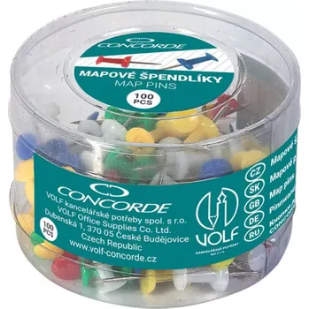 Mapové špendlíky CONCORDE, dóza 100ks, barevné