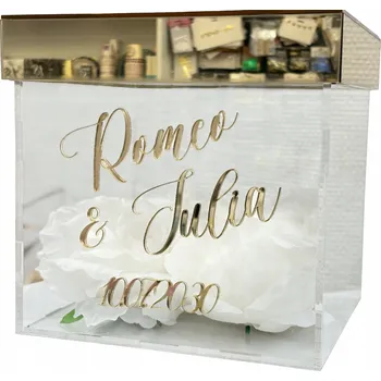 Zrcadlo Personalizovaná svatební Krabička z plexiskla, zlaté zrcadlo , bílá
