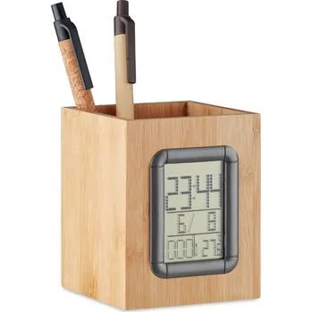 Bambusový stojan na psací potřeby s budíkem