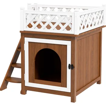 Pelíšek pro kočku PAWHUT Domeček pro kočky venkovní s balkonem dřevěný 68 x 63 x 69 cm hnědá