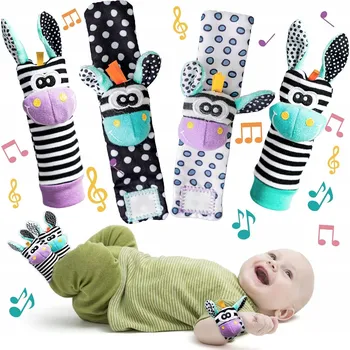 Hračka pro nejmenší 4 ks 3D PONOŽKY, NÁRAMKY CHRASTÍTKA NA RUCE PRO MIMINKA 3m+ SENZORICKÉ