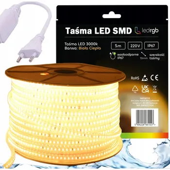 LED páska SADA LED pásek SMD 220V 230V 5m 3000K BÍLÁ TEPLÁ NAPÁJECÍ ZDROJ IP67 120/m