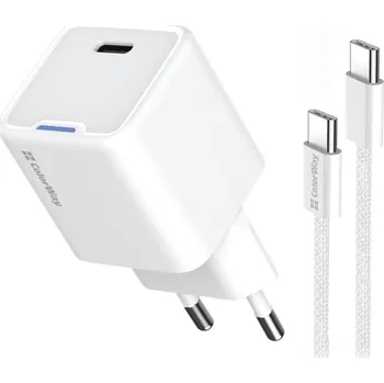 Datový kabel COLORWAY 1x USB-C/ síťová nabíječka/ GaN/ PD/ PPS/ 30W/ Včetně 100cm kabelu/ Bílá