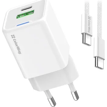 Datový kabel COLORWAY 1x USB-C/ síťová nabíječka/ GaN/ PD/ PPS/ QC/ 30W/ Včetně 100cm kabelu/ Bílá
