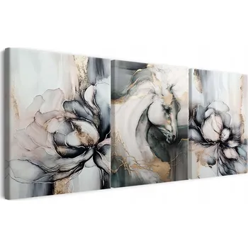 Obraz Moderní obraz na plátně do obýváku Kůň, květiny a zlaté akcenty 60x120