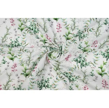 Bavlněné plátno zelené listy na smetanové