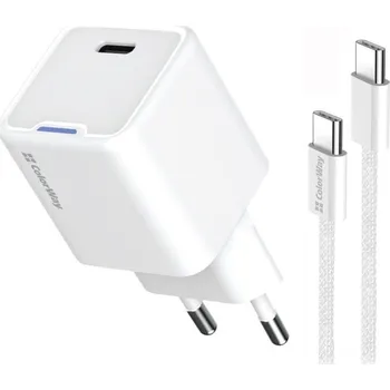 Datový kabel COLORWAY 1x USB-C/ síťová nabíječka/ GaN/ PD/ PPS/ 25W/ Včetně 100cm kabelu/ Bílá