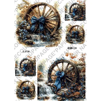 Umělecký papír Rýžový a soft papír na decoupage - Kolo s modrou - KB03738 Materiál: Soft, Rozměr: A4