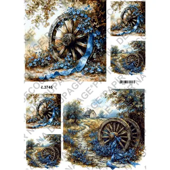 Umělecký papír Rýžový a soft papír na decoupage - Kolo s modrou - KB03745 Materiál: Soft, Rozměr: A4