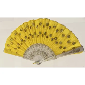 Luxusní vějíř s látkou a flitry žlutý