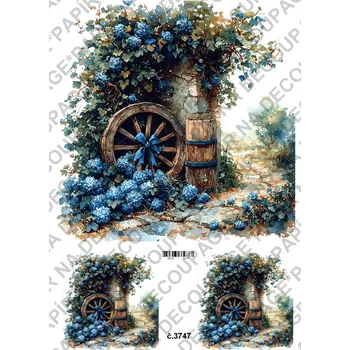 Umělecký papír Rýžový a soft papír na decoupage - Kolo s modrou - KB03747 Materiál: Soft, Rozměr: A4