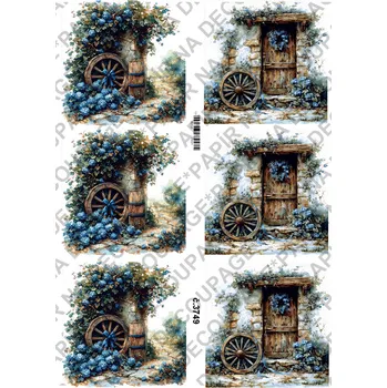 Umělecký papír Rýžový a soft papír na decoupage - Kolo s modrou - KB03749 Materiál: Soft, Rozměr: A4